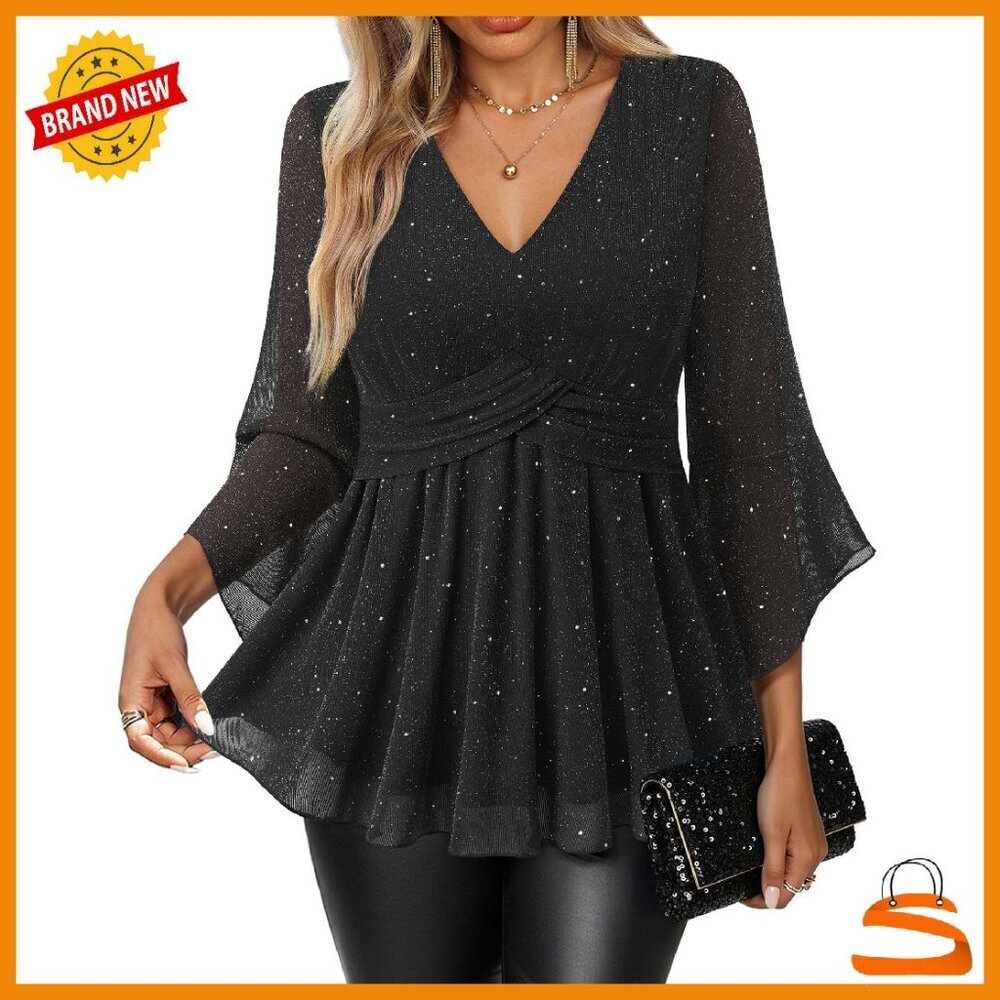 Glitter Sequin 3/4 Sleeve V-Neck Blouse Party Top